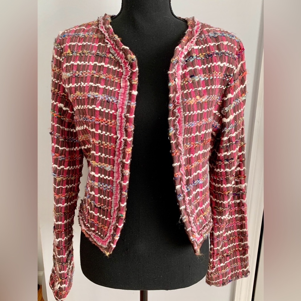 Rampage Pink and Brown Tweed Blazer with Fringe Details